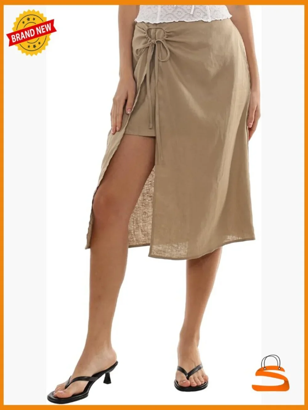 100% Linen Wrap Midi Skirt Side Slit High Waist Elastic Back
